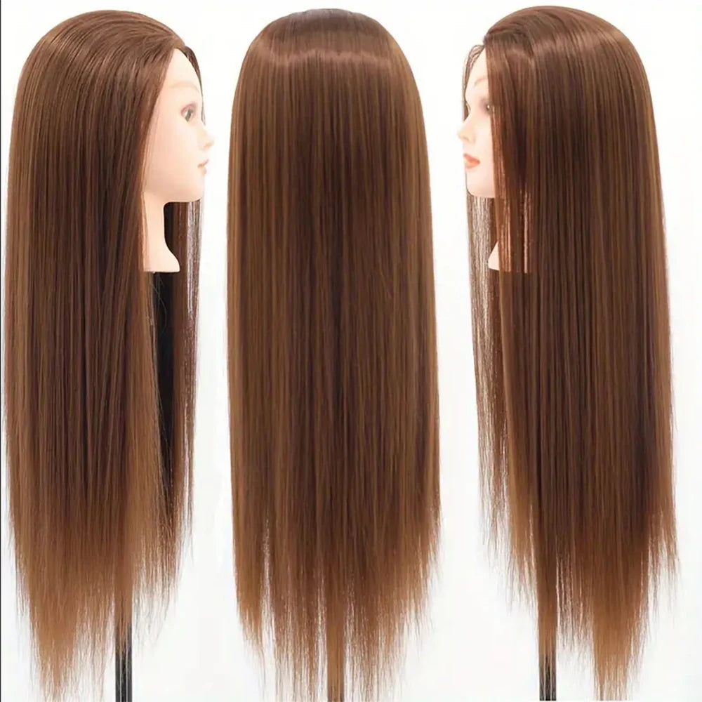 Three long, straight brown hair extensions displayed on a mannequin head.