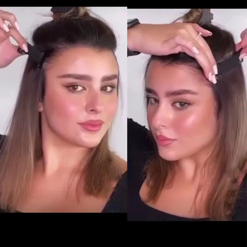 A woman shows off a facial lifting band with adjustable straps used for anti-wrinkle support on her hair.