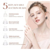A woman is shown using five replaceable suction heads for a facial cleansing device.