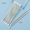A collection of 100 precision wooden cotton swabs arranged diagonally on a light blue background.