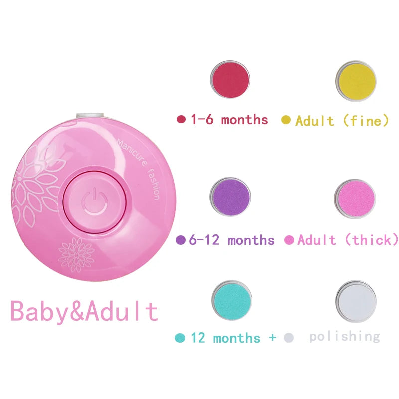 Pink electric baby nail trimmer with color options for different age groups and polishing