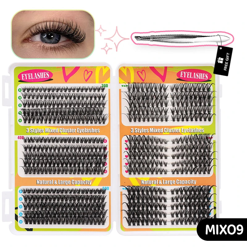 Kit pour extensions de cils individuels DIY, montrant divers styles et types de cils.