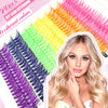 A display of 240 pieces of vibrant lash extension colors and a model wearing long, voluminous blonde lashes.