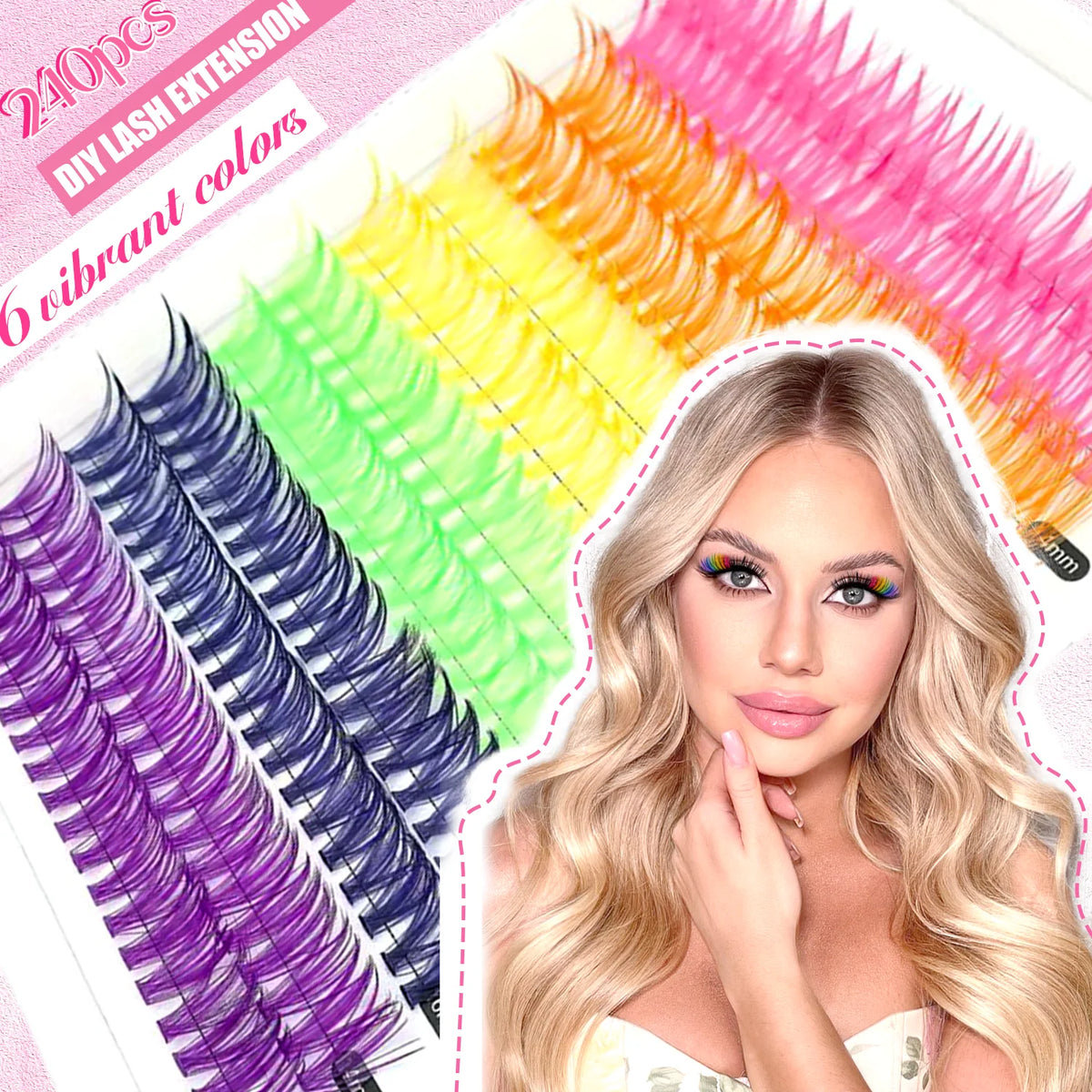 A display of 240 pieces of vibrant lash extension colors and a model wearing long, voluminous blonde lashes.