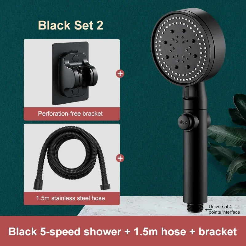 Black set featuring a 5-speed shower head, 1.5m stainless steel hose, and a percolation-free bracket.