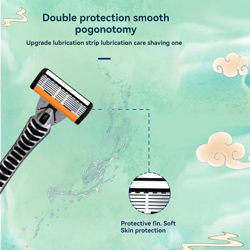 A close-up of a precision multi-blade shaver with an orange guard, illustrating double protection smooth pogonotomy for skin 