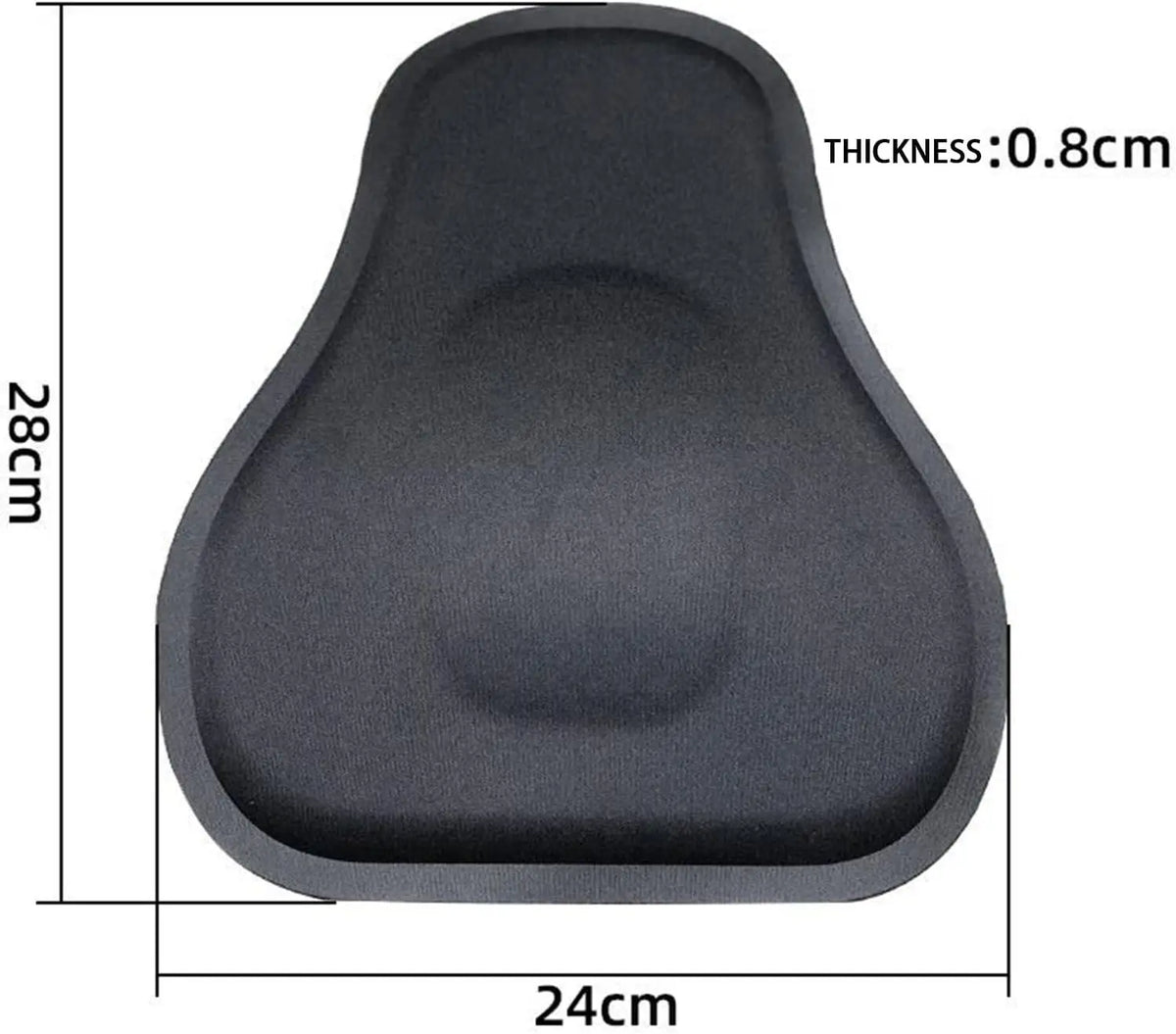 A black, contoured lumbar compression support board with a thickness of 0.8cm and dimensions of 28cm by 24cm.