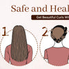 A woman models safe and healthy curls, showing a before-and-after concept for heatless curling tools.