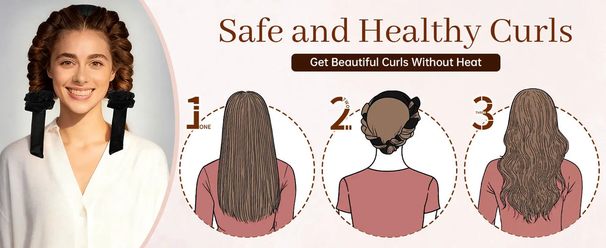 A woman models safe and healthy curls, showing a before-and-after concept for heatless curling tools.