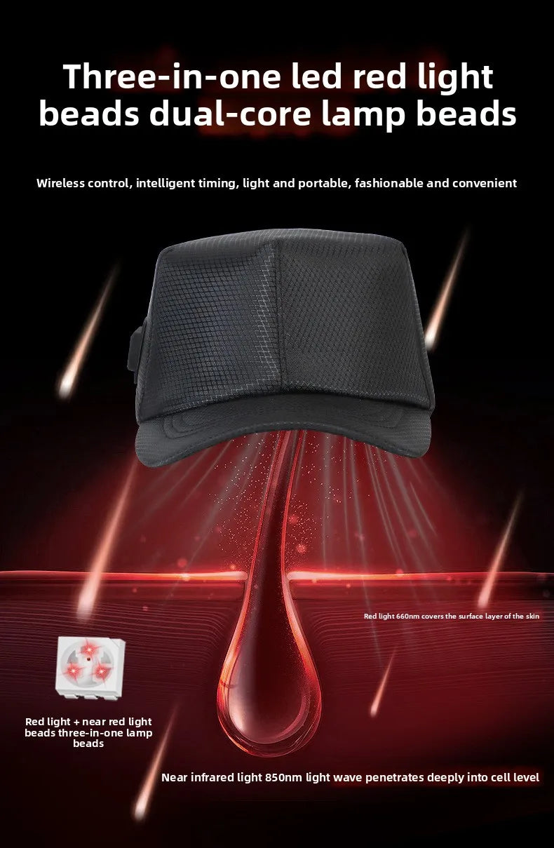 A black LED light bead cap is shown illuminating the surface of the skin with red and near-infrared light.