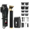 A black 3-in-1 rechargeable barber kit featuring a trimmer, a gold shaver head, and accessories.