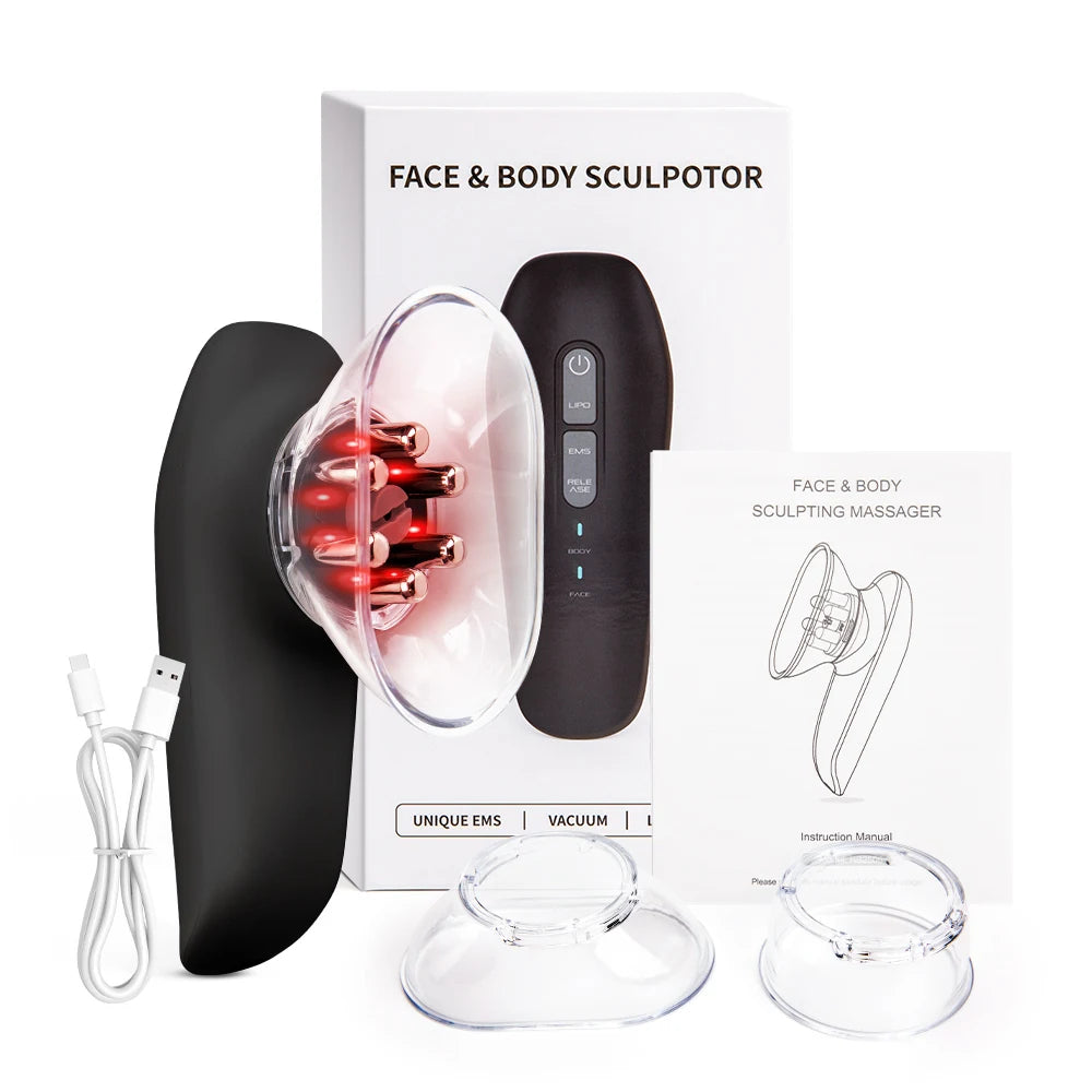 A black EMS fat cellulite massager device with a clear silicone applicator and accessories shown on a white box.