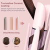 A pink professional rotating curling iron is shown with hair, demonstrating the Turmaline Ceramic Coating and Deep Moisturizi