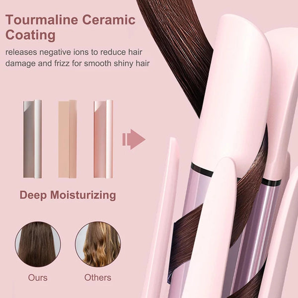 A pink professional rotating curling iron is shown with hair, demonstrating the Turmaline Ceramic Coating and Deep Moisturizi