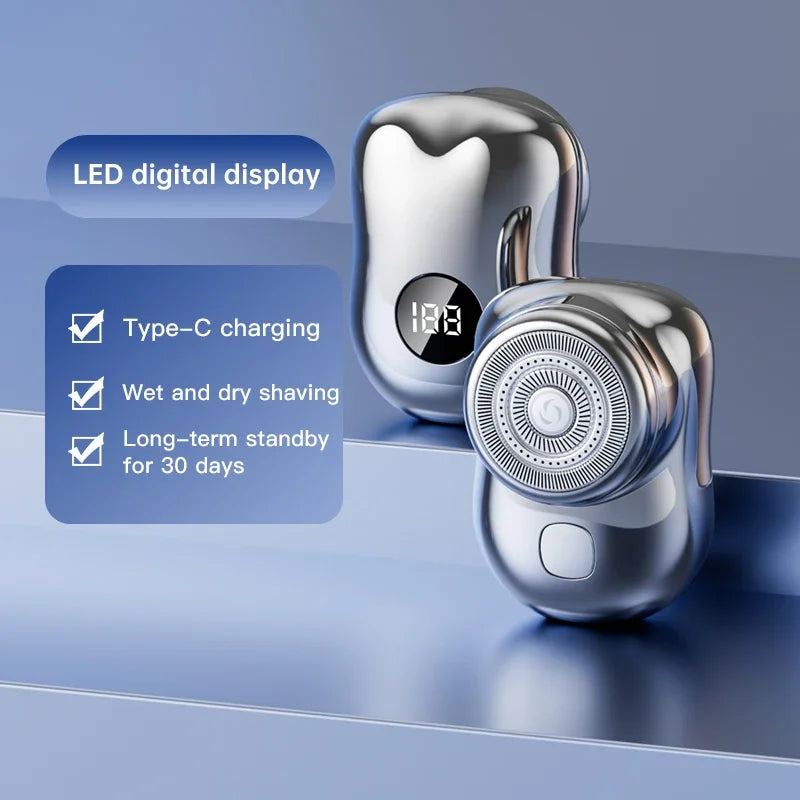 A silver mini electric rechargeable travel shaver with an LED digital display and Type-C charging port.