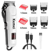 A white professional rechargeable hair clipper trimmer with various guard attachments and a charging cable.