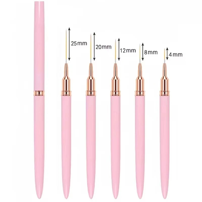 A set of professional nail art tools including various sized metal files and tips in pink.