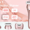 A pink multi-functional electric shaver shown with various attachments and components.
