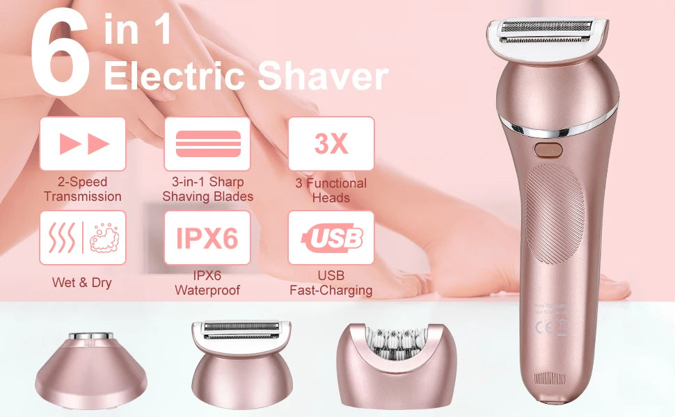 A pink multi-functional electric shaver shown with various attachments and components.