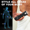 A hand holds a black electric body and hair trimmer, demonstrating styling across various body areas.