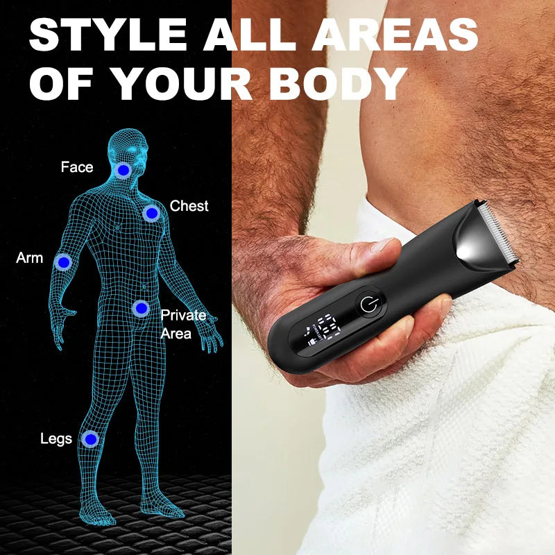 A hand holds a black electric body and hair trimmer, demonstrating styling across various body areas.