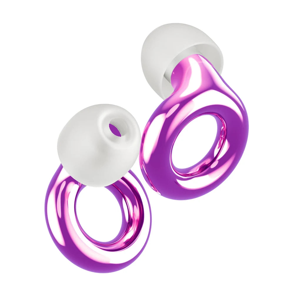A pair of purple silicone earplugs with white silicone tips shown against a white background.