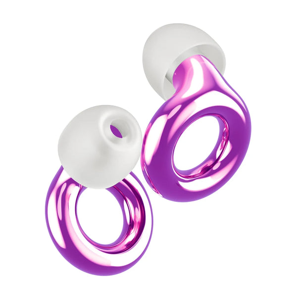 A pair of purple silicone earplugs with white silicone tips shown against a white background.