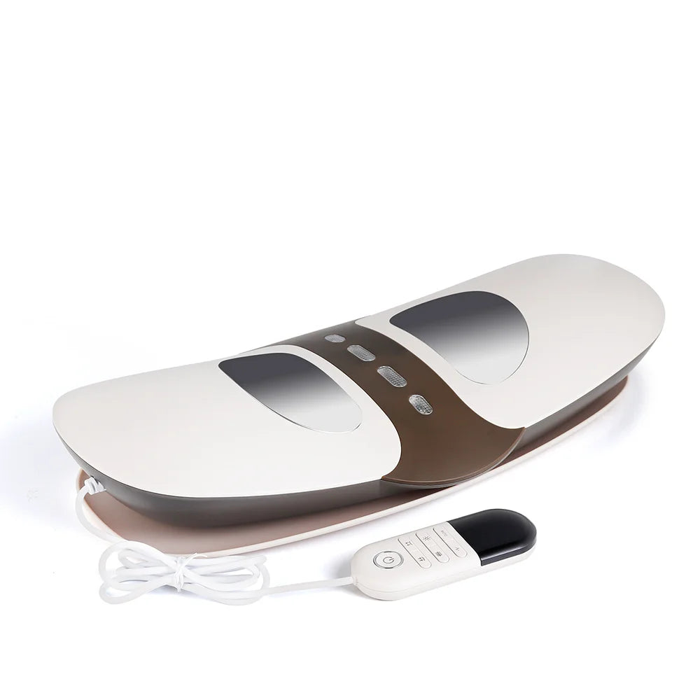 A beige electric lumbar traction massager device with a remote control is shown on a white background.
