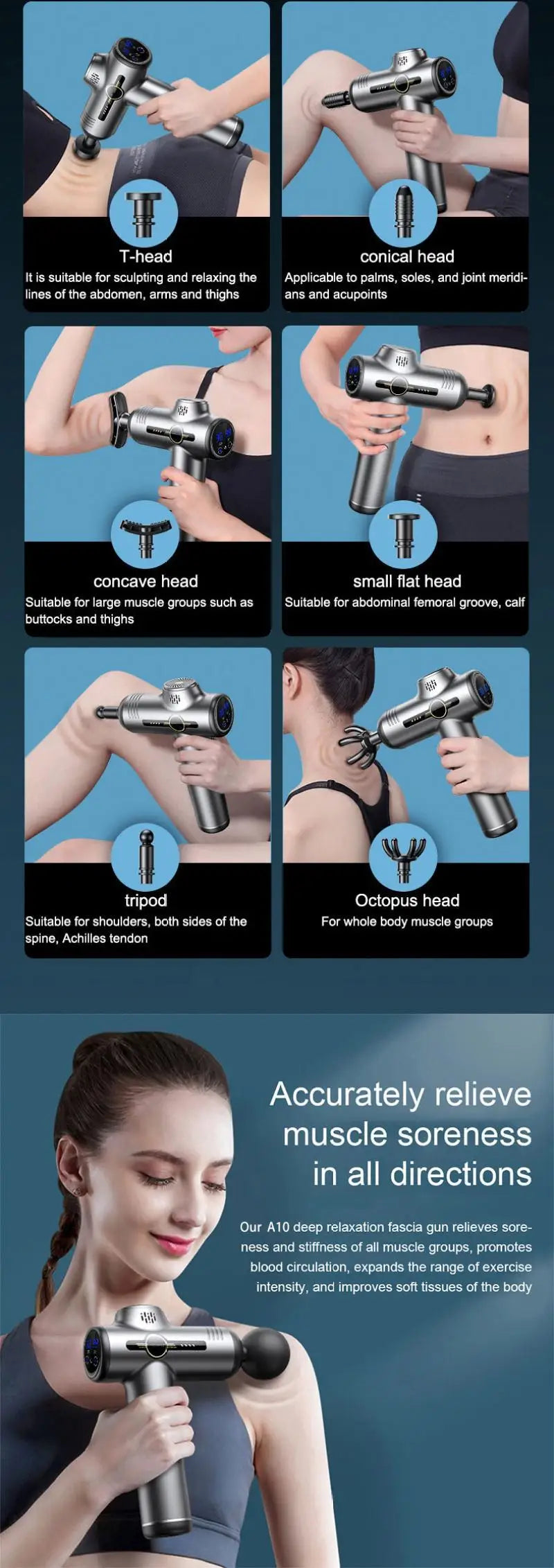A deep tissue massage gun with various heads is shown being used on a person's shoulder and arm.