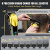A set of eight precision guard combs for a professional rechargeable hair clipper grooming kit showing various sizes from 1.5
