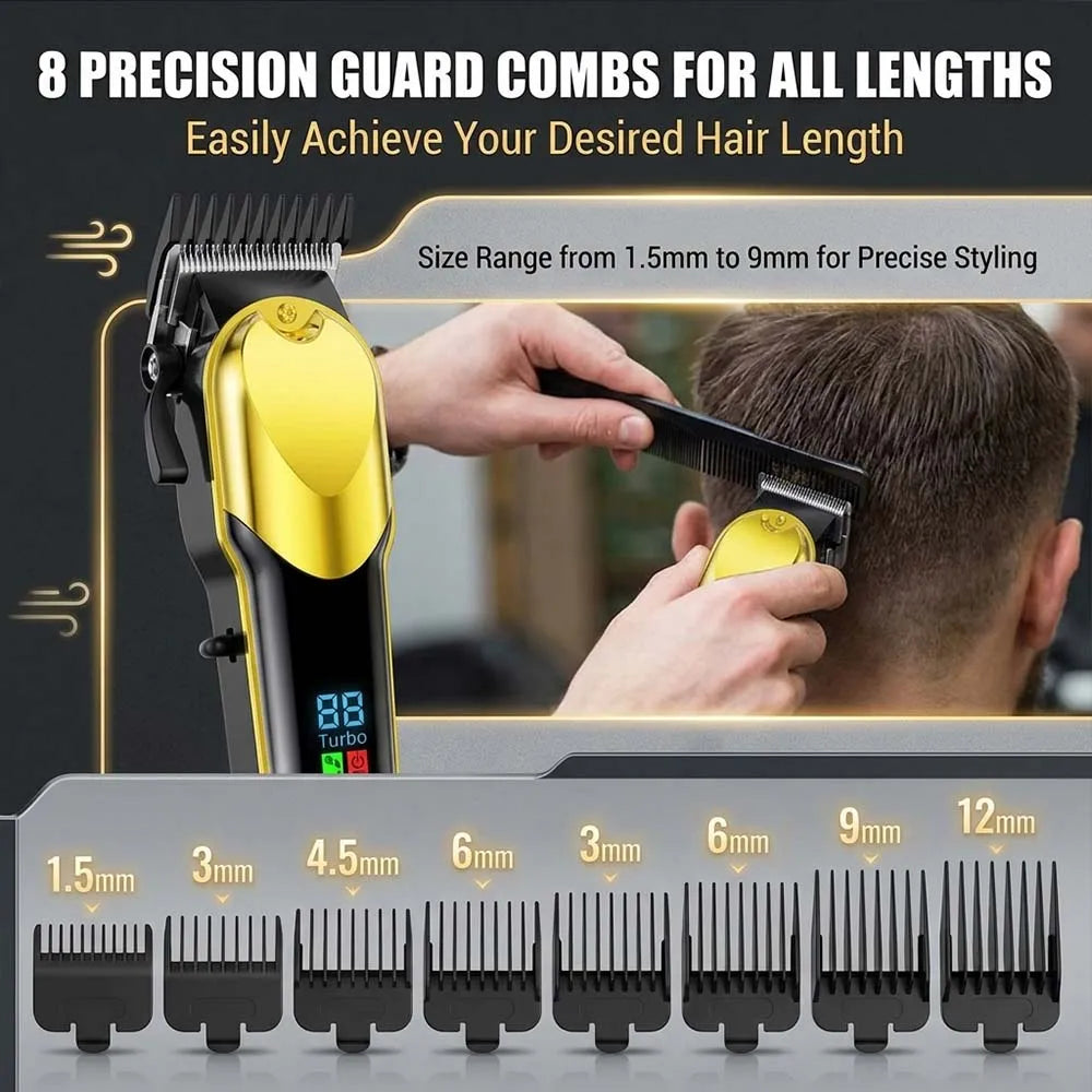 A set of eight precision guard combs for a professional rechargeable hair clipper grooming kit showing various sizes from 1.5