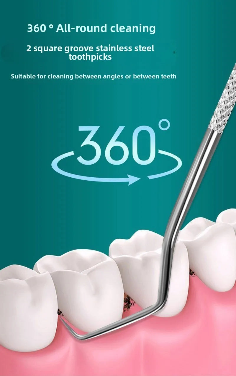 Outil de dentifrice en acier inoxydable nettoyant entre les dents sur une gencive rose.