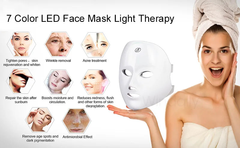 A woman applying a white LED face mask for light therapy, showing various skin benefits.
