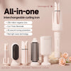 Weißes All-in-One-Locken-Set mit verschiedenen Haartools und einem Lockenstab.