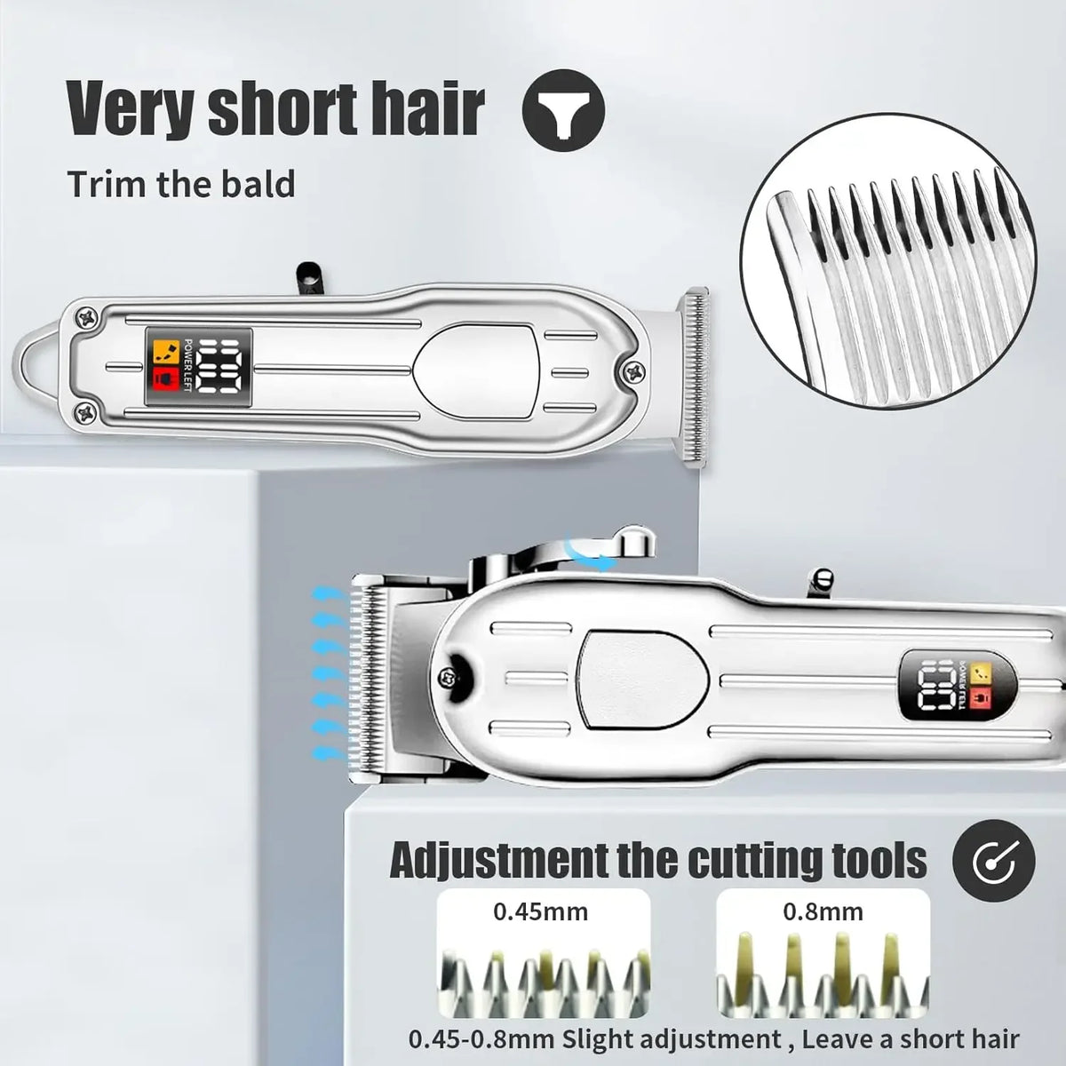 A silver cordless hair clipper trimmer with adjustable cutting tools is shown next to a close-up of the blades.