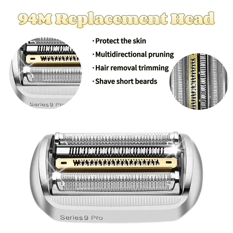 A close-up view of a silver Braun Series 9 Pro replacement shaver head with multiple trimming and protection features.