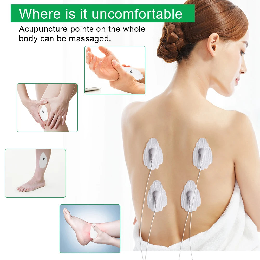 A woman is applying acupuncture points on her back and arm using white electrode pads for muscle stimulation.