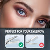 Precision stainless steel eyebrow scissors and comb shown next to a woman's eye for eyebrow grooming