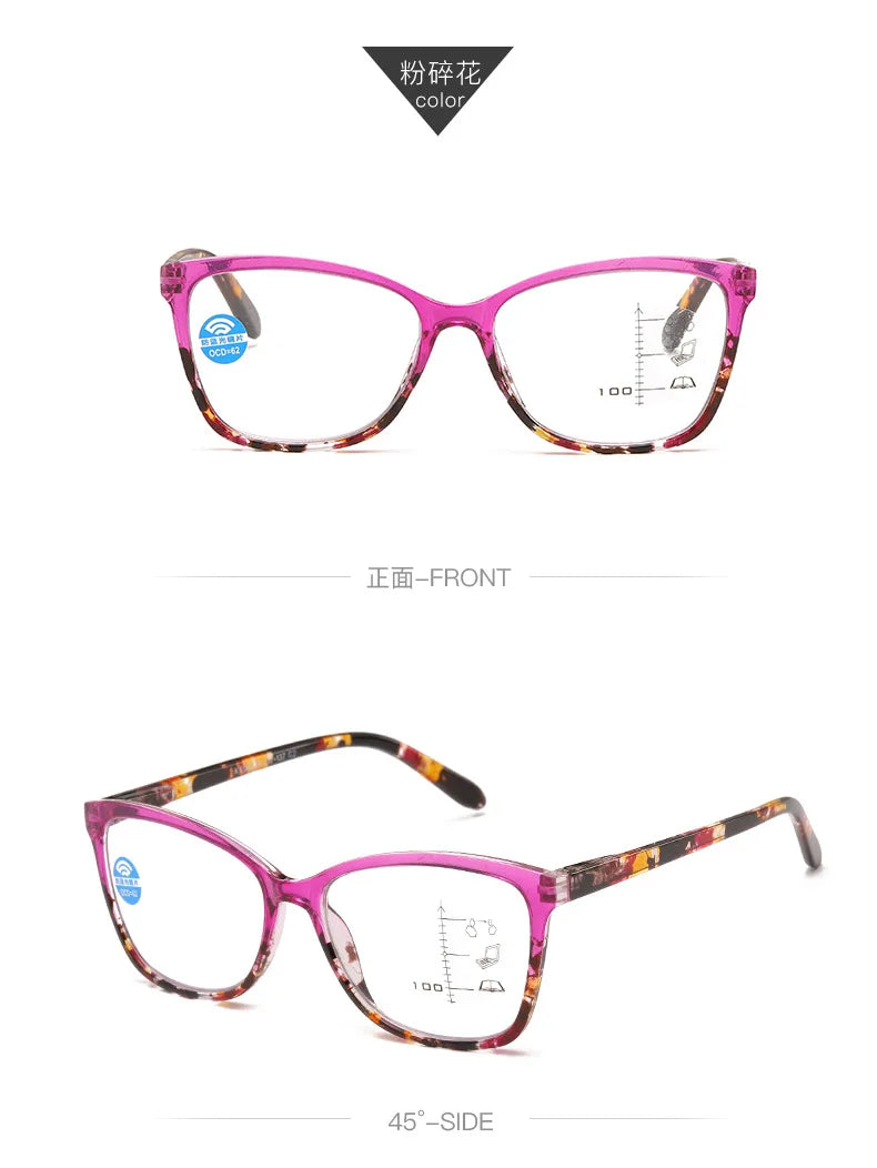 Pink progressive multifocal reading glasses shown from front and side angles.