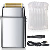 A professional rechargeable electric shaver with a silver body, gold foil head, and clear protective cover, along with chargi
