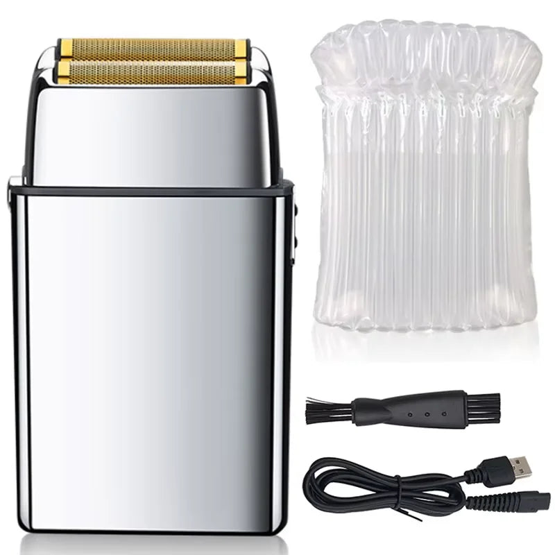 A professional rechargeable electric shaver with a silver body, gold foil head, and clear protective cover, along with chargi