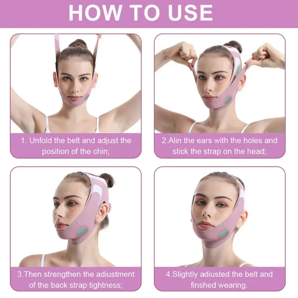Instructions for using a V-Line Face Slimming Lifting Bandage on a woman's face