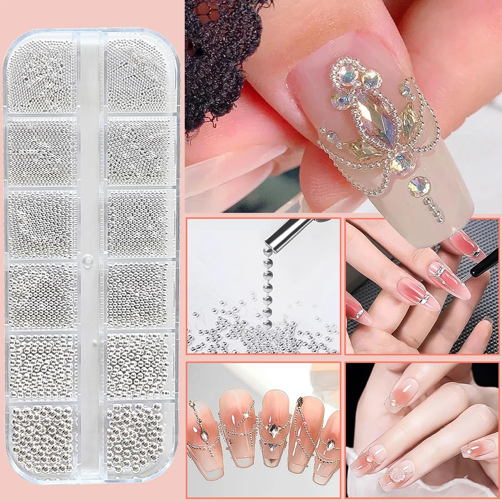 A set of gold mixed stainless steel bead nail art decorations displayed on fingernails.