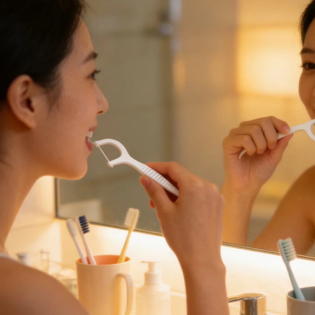 A woman is using a white dental floss pick on her teeth in front of a mirror.