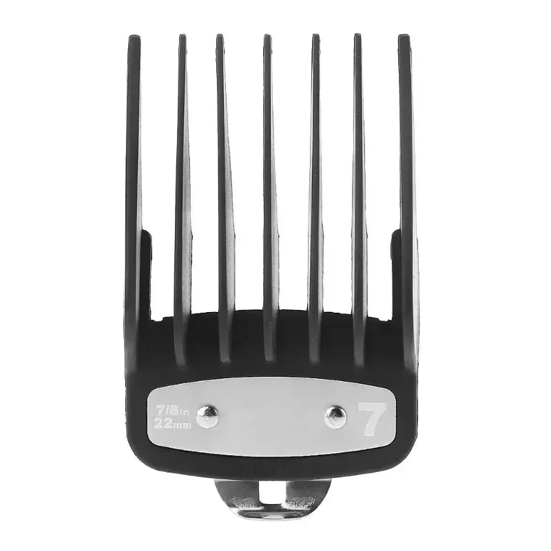 A black precision hair clipper guide comb set with seven metal teeth visible.