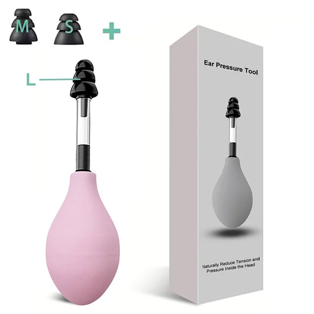 A pink portable ear pressure relief tool shown next to its components and packaging.
