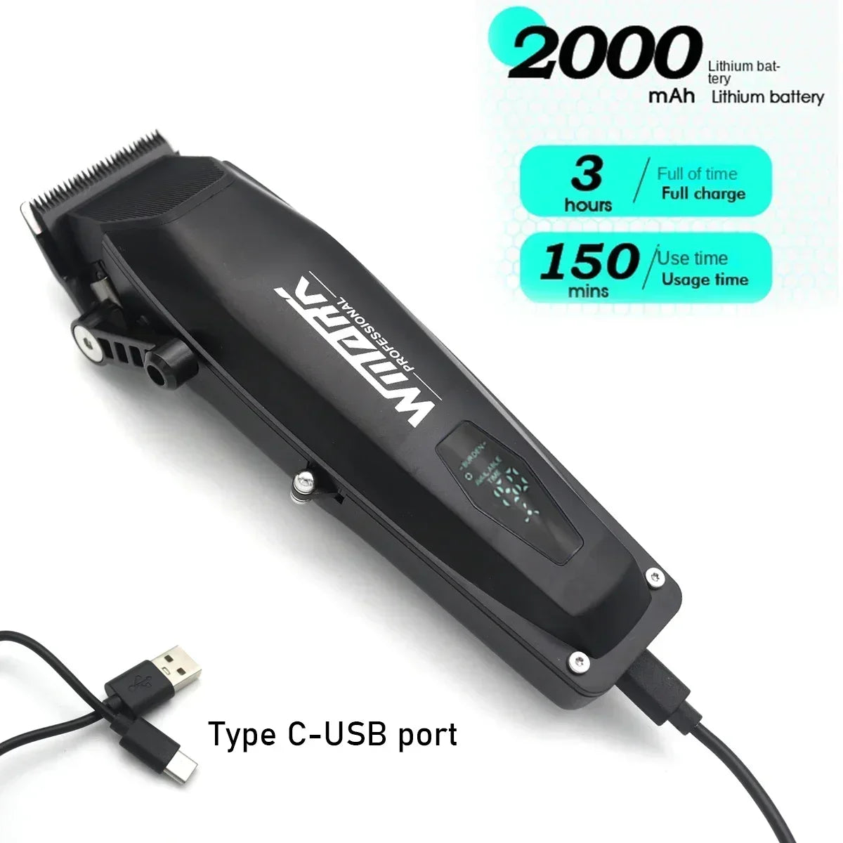 Black professional electric hair clippers with a Type C-USB port and battery specifications