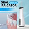 A white portable oral irrigator device is shown next to a close-up of it being used on a human tooth.