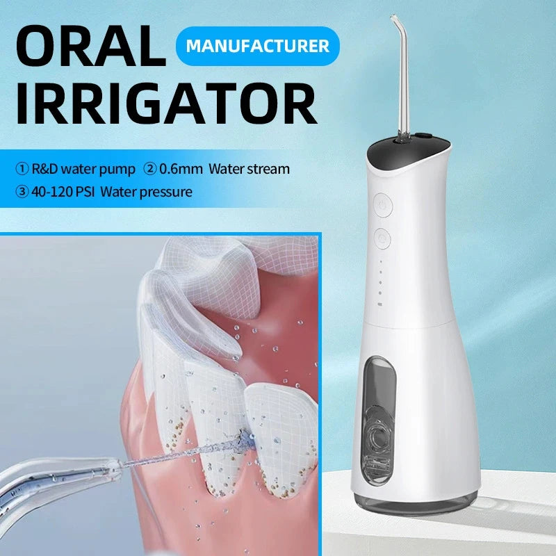 A white portable oral irrigator device is shown next to a close-up of it being used on a human tooth.