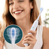 A woman is holding an intelligent sonic electric toothbrush and a diagram of its bristles.